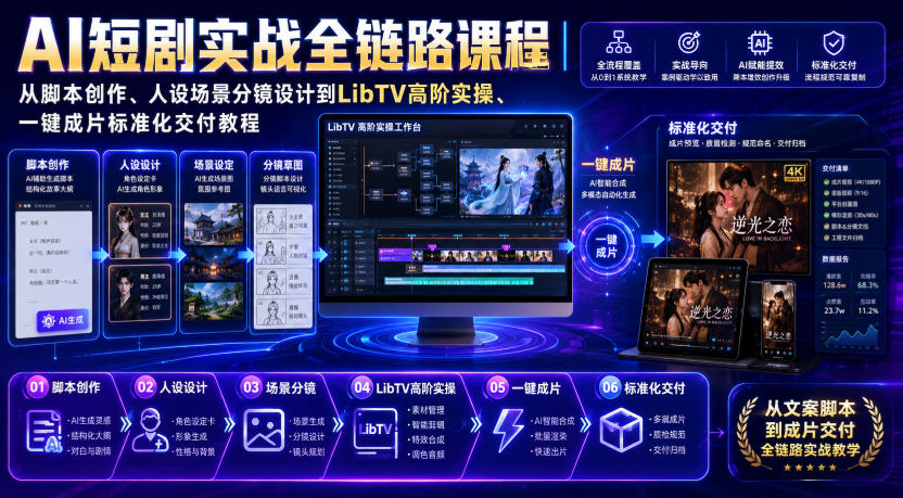 AI短剧实战全链路课程|从脚本创作、人设场景分镜设计到LibTV高阶实操、一键成片标准化交付教程-百盛轻创