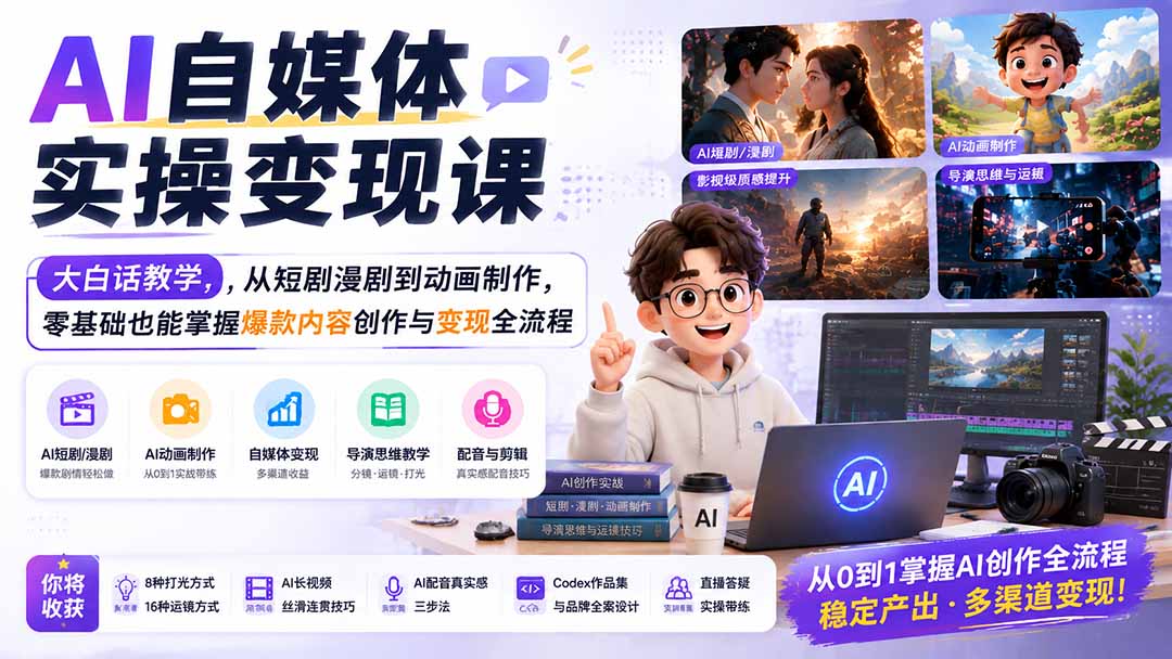 AI自媒体实操变现课|大白话教学,从短剧漫剧到动画制作,零基础也能掌握爆款内容创作与变现全流程-百盛轻创