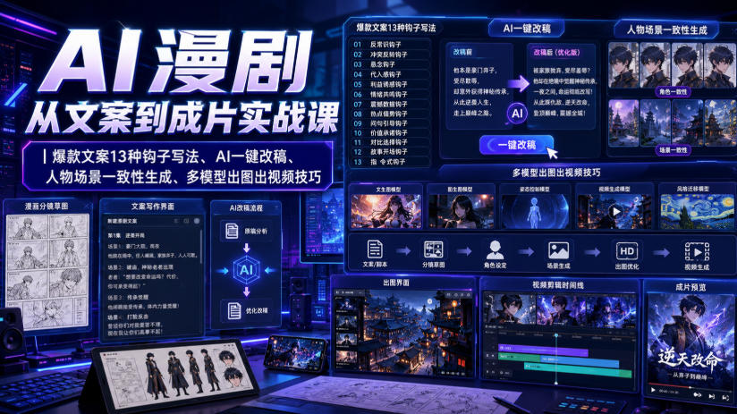 AI漫剧从文案到成片实战课|爆款文案13种钩子写法、AI一键改稿、人物场景一致性生成、多模型出图出视频技巧-百盛轻创