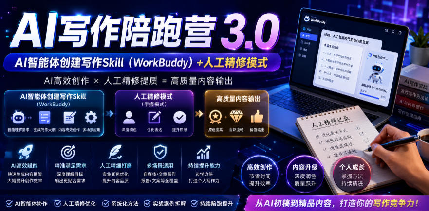AI写作陪跑营3.0，Ai智能体创建写作skill(workbuddy)+人工手写模式(手搓模式)，去除AI痕迹(头条号、公众号、百家号)(更新0806)-百盛轻创