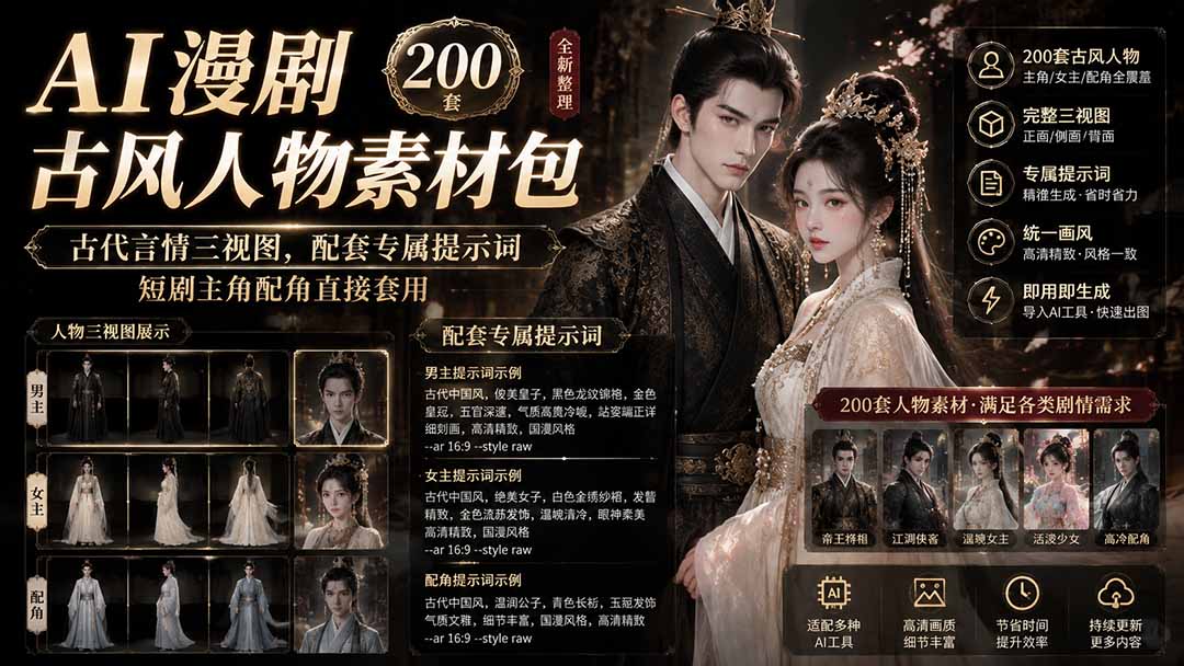 AI漫剧古风人物素材包+提示词｜200 套古代言情三视图，配套专属提示词短剧主角配角直接套用-百盛轻创