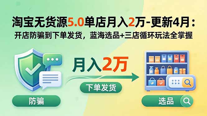 淘宝无货源5.0单店月入2万-更新2026：开店防骗到下单发货，蓝海选品+三店循环玩法全掌握-百盛轻创