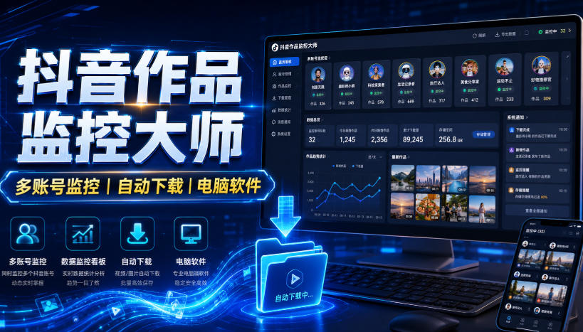 抖音作品监控大师,多账号监控丨自动下载丨电脑软件-百盛轻创