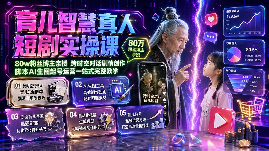 育儿智慧真人短剧实操课|80w粉丝博主亲授,跨时空对话剧情创作,脚本AI生图起号运营一站式完整教学-百盛轻创