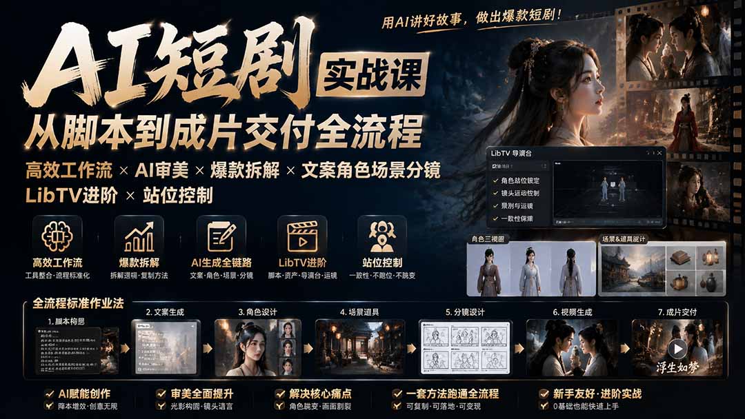 AI短剧实战课:高效工作流×AI审美×爆款拆解×文案角色场景分镜×LibTV进阶×站位控制×从脚本到成片交付全流程-百盛轻创
