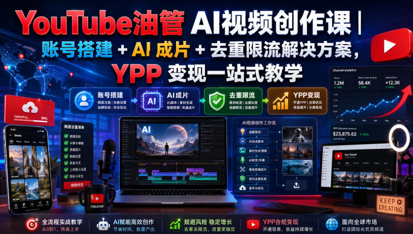 YouTube油管AI视频创作课|账号搭建+AI成片+去重限流解决方案,YPP变现一站式教学-百盛轻创