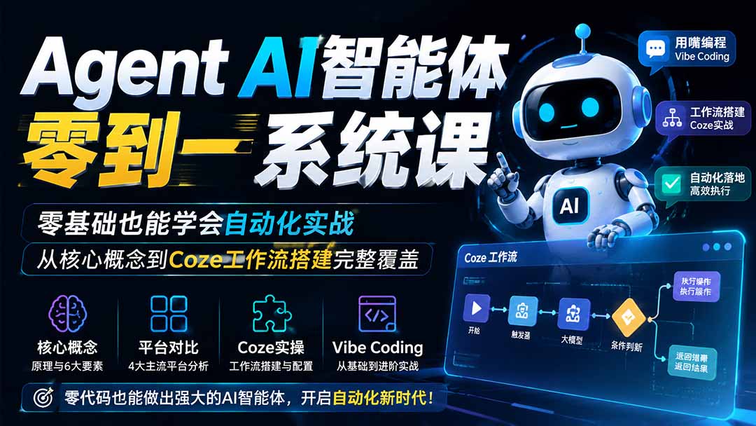 Agent AI智能体零到一系统课；零基础也能学会自动化实战，从核心概念到Coze工作流搭建完整覆盖-百盛轻创