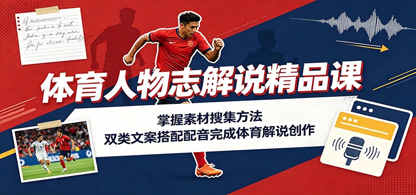 体育人物志解说精品课：掌握素材搜集方法，双类文案搭配配音完成体育解说创作-百盛轻创