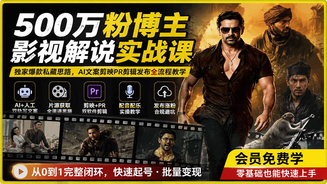 500万粉博主影视解说实战课｜独家爆款私藏思路，AI文案剪映PR剪辑发布全流程教学-百盛轻创
