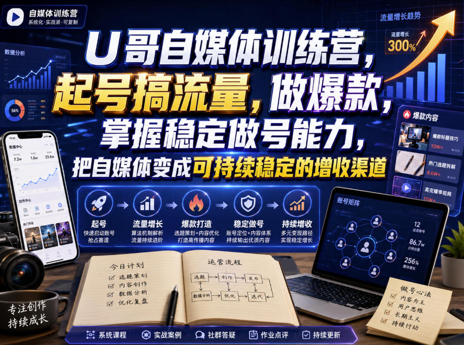 U哥自媒体训练营，起号搞流量，做爆款，掌握稳定做号能力，把自媒体变成可持续稳定的增收渠道-百盛轻创