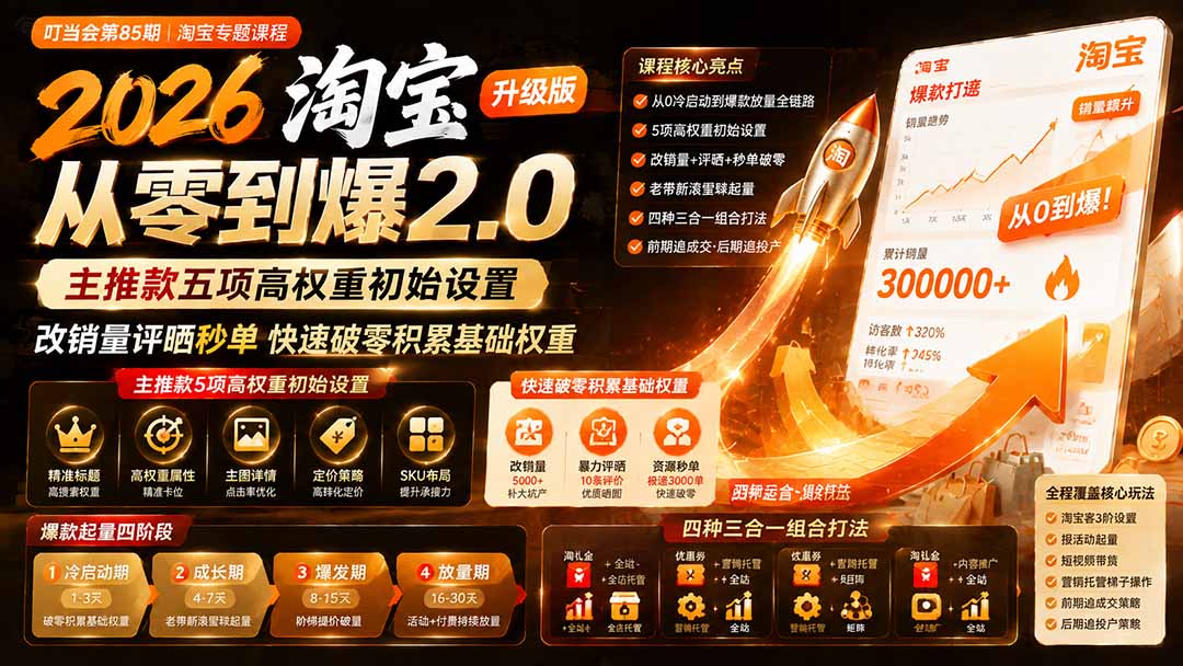 2026淘宝从零到爆2.0第85期；主推款五项高权重初始设置，改销量评晒秒单快速破零积累基础权重-百盛轻创