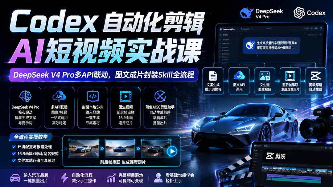 Codex自动化剪辑AI短视频实战课｜DeepSeek V4 Pro多API联动，图文成片封装Skill全流程-百盛轻创