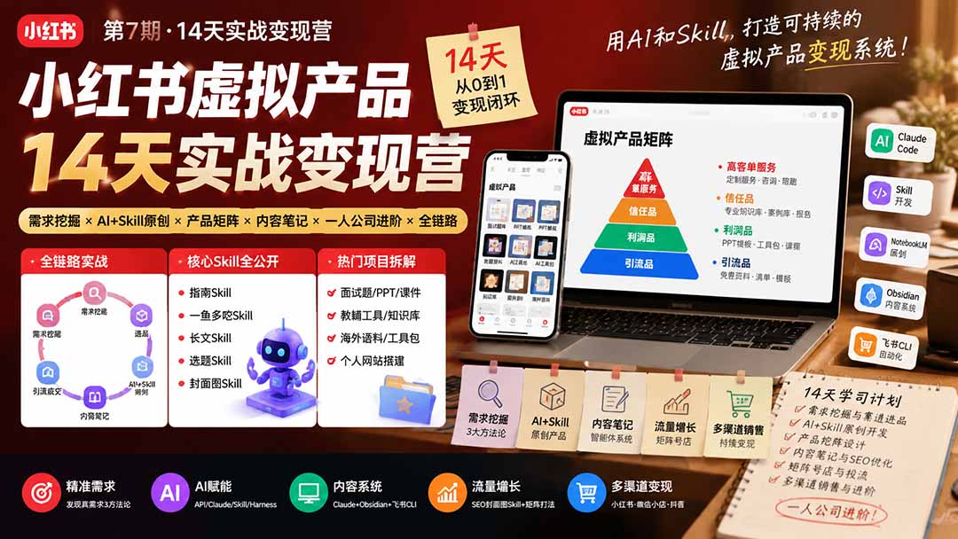 小红书虚拟产品14天实战变现营-第7期:需求挖掘×AI+Skill原创×产品矩阵×内容笔记×一人公司进阶×全链路-百盛轻创