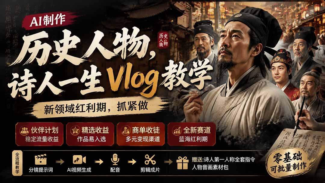 历史人物，诗人一生Vlog教学， AI制作丨伙伴计划丨精选收益丨商单收徒 ，新领域红利期，抓紧做-百盛轻创