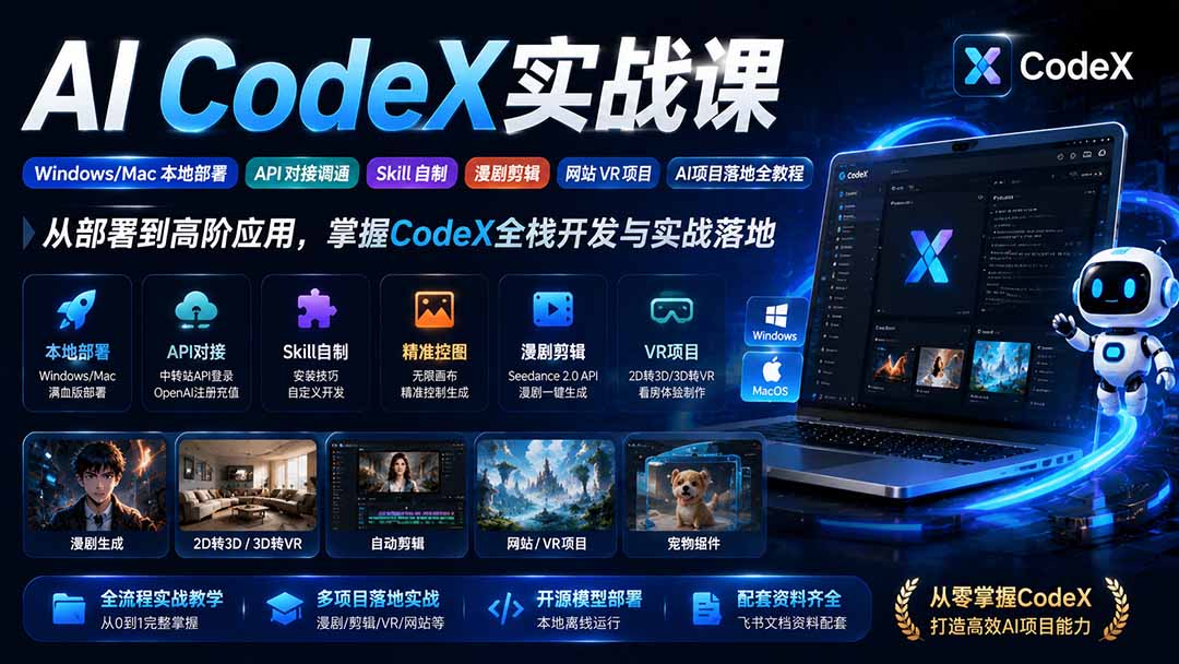 AI  CodeX实战课｜Windows/Mac 本地部署｜API 对接调通｜Skill 自制｜漫剧剪辑｜网站 VR 项目｜AI项目落地全教程-百盛轻创