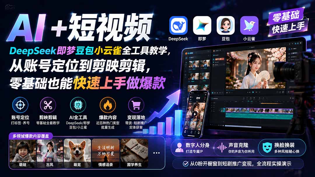 AI+短视频｜DeepSeek即梦豆包小云雀全工具教学，从账号定位到剪映剪辑，零基础也能快速上手做爆款-百盛轻创
