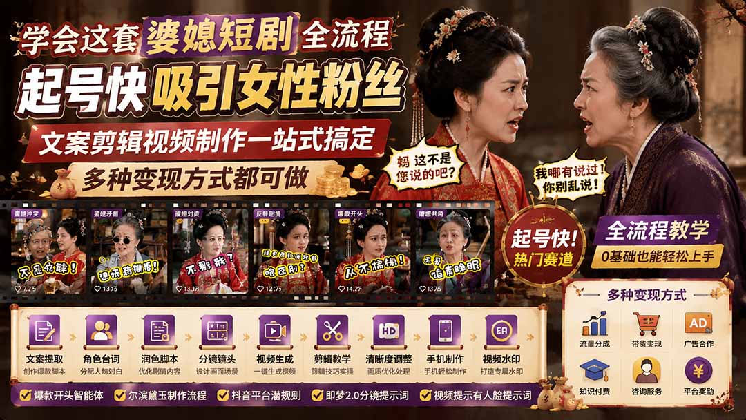 学会这套婆媳短剧全流程：起号快吸引女性粉丝，文案剪辑视频制作一站式搞定，多种变现方式都可做-百盛轻创