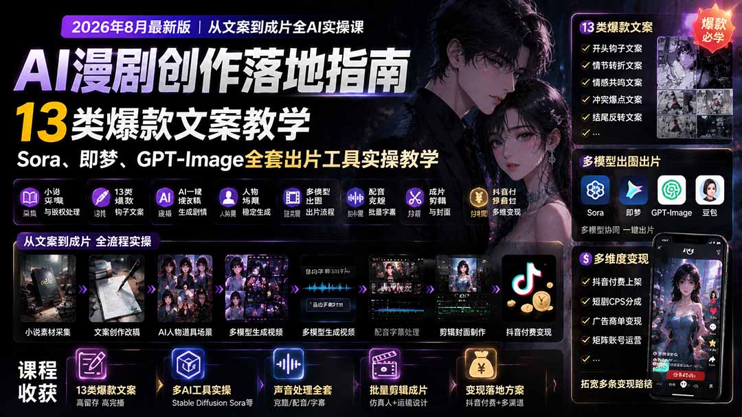 AI漫剧创作落地指南｜13类爆款文案教学，Sora、即梦、GPT-Image全套出片工具实操教学-百盛轻创