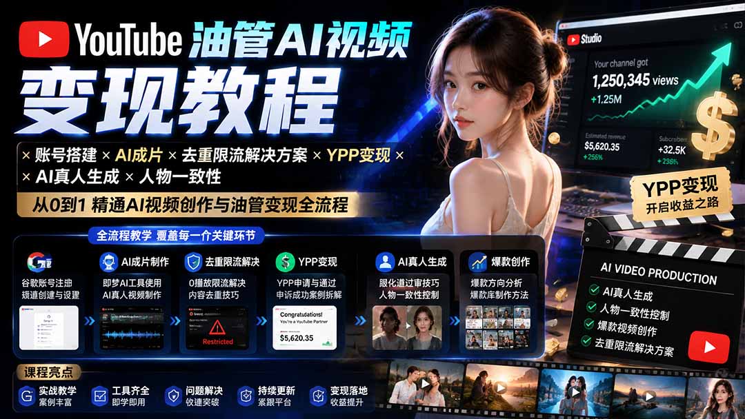YouTube油管AI视频变现教程：账号搭建×AI成片×去重限流解决方案×YPP变现×AI真人生成×人物一致性-百盛轻创