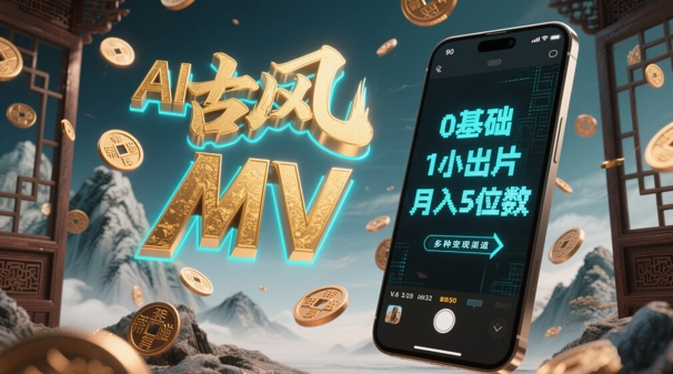 AI一键生成古风音乐MV，0剪辑基础1小时出片，多种变现渠道，一部手机月入5位数-百盛轻创