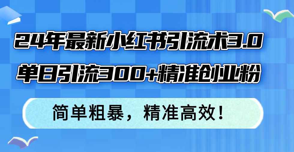 24年最新小红书引流术3.0，单日引流300+精准创业粉，简单粗暴，精准高效！-百盛轻创