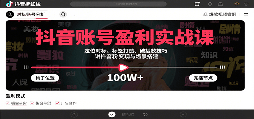 抖音账号盈利实战课，定位对标、标签打造、破播放技巧，讲涨粉变现与场景搭建-百盛轻创