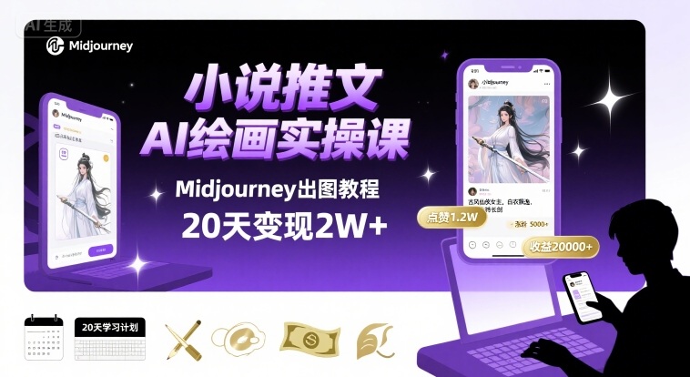 小说推文干货分享之AI绘画MJ出图实操课，用Midjourney做小说推文，20天挣2w-百盛轻创