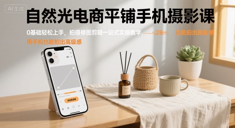 自然光电商平铺手机摄影课，0基础轻松上手，拍摄修图剪辑一站式实操教学，用手机也能拍出高级感-百盛轻创
