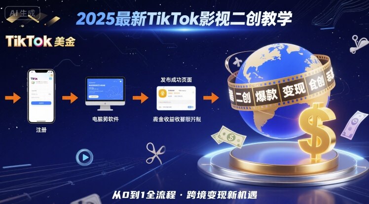 2025年最新TikTok影视二创教学，从注册到发布撸美金全流程，跨境变现新机遇-百盛轻创