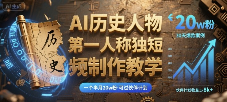 最新AI历史人物第一人称独白短视频制作教学，一个半月20w粉，可过伙伴计划-小艾项目网