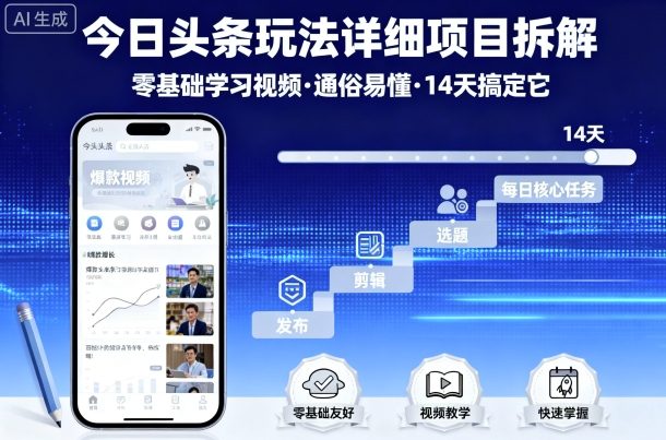 今日头条玩法详细项目拆解，零基础学习视频 通俗易懂 14天搞定它-小艾项目网