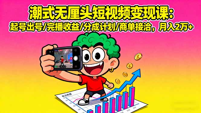 潮式无厘头短视频变现课：起号出号/完播收益/分成计划/商单接洽，月入2万+-小艾项目网
