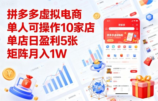 拼多多虚拟电商，单人可操作10家店，单店日盈利5张，矩阵月入1W+【揭秘】-百盛轻创