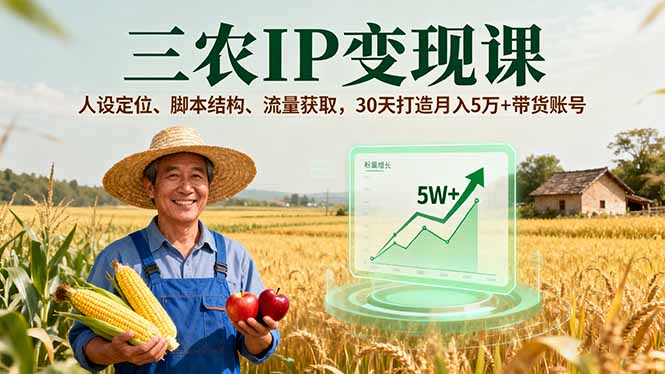 三农IP变现课，人设定位、脚本结构、流量获取，30天打造月入5万+带货账号-百盛轻创