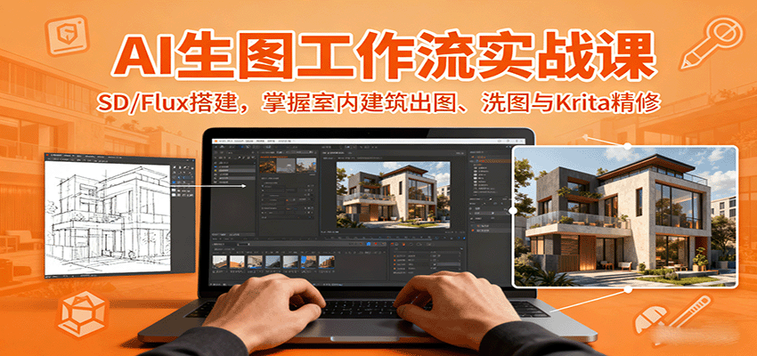 AI生图工作流实战课：SD/Flux搭建，掌握室内建筑出图、洗图与Krita精修-百盛轻创