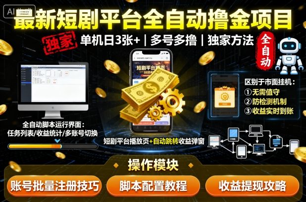 最新短剧平台全自动挂G撸金项目，单机一天3张+，多号多撸，区别于市面所有挂机项目，独家方法【揭秘】-百盛轻创