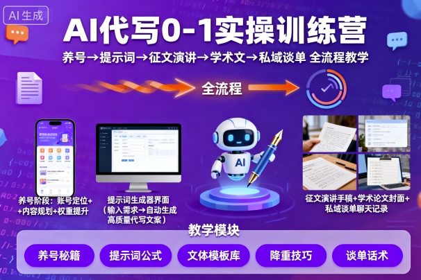 AI代写0-1实操训练营，从养号、提示词、征文演讲、学术文，到私域谈单的全流程教学-百盛轻创