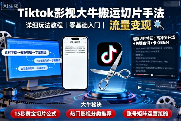 Tiktok影视大牛搬运切片手法，详细玩法教程-百盛轻创