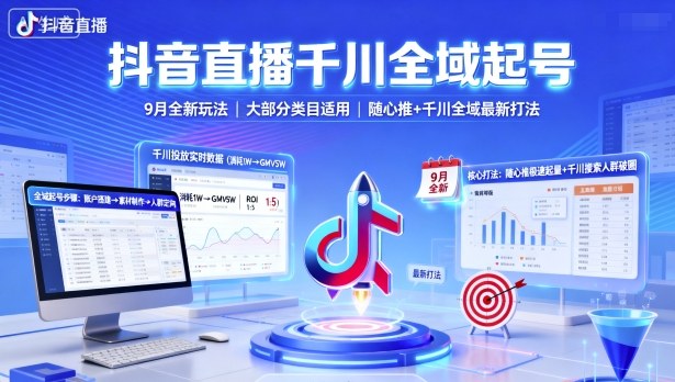抖音直播千川全域起号，9月全新玩法，大部分类目适用，随心推以及千川全域最新打法-百盛轻创
