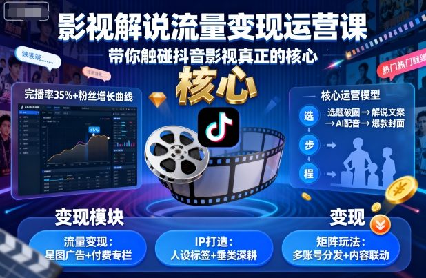 影视解说流量变现运营课，带你触碰抖音影视真正的核心-百盛轻创
