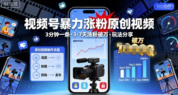 视频号暴力涨粉原创视频，3分钟一条原创视频，3-7天涨粉破万，玩法分享给你-小艾项目网