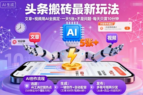 头条搬砖最新玩法，文章+视频用AI全搞定，一天5张+不是问题，每天只需10分钟-小艾项目网