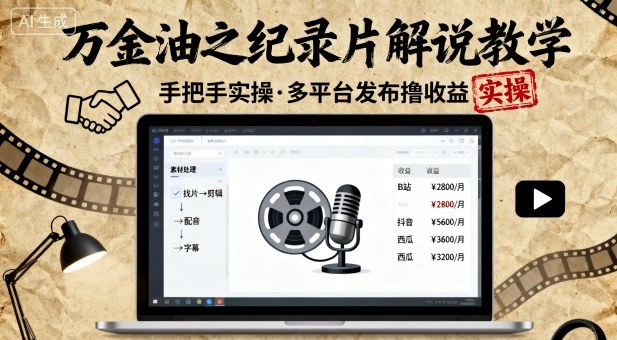 万金油之纪录片解说教学，手把手教你，完全实操，多平台发布撸收益-小艾项目网