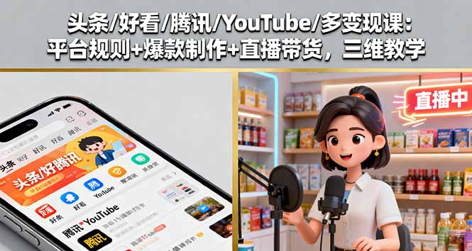 头条/好看/腾讯/YouTube/多变现课：平台规则+爆款制作+直播带货，三维教学-百盛轻创