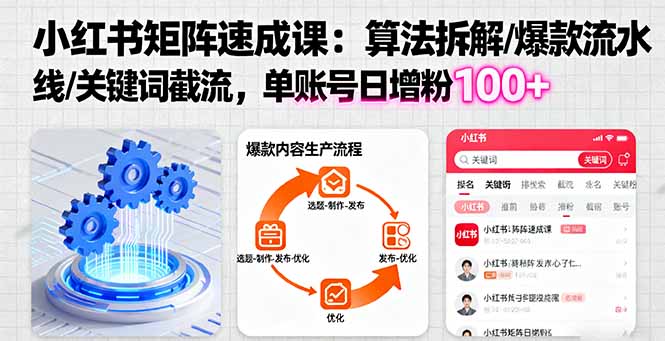 小红书矩阵起号速成课：算法拆解/爆款流水线/关键词截流 单账号日增粉100+-小艾项目网