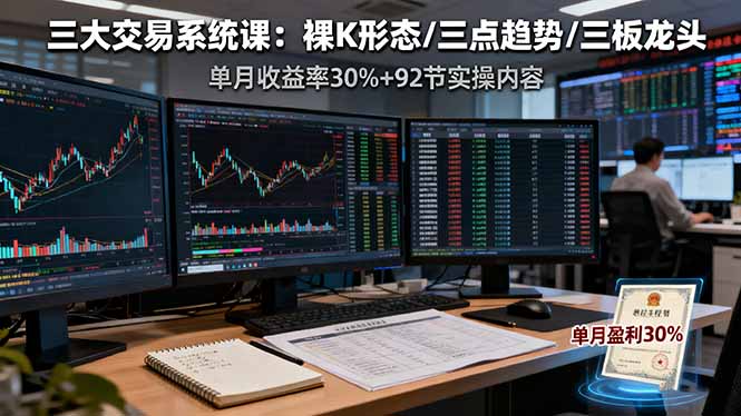 三大交易系统课：裸K形态/三点趋势/三板体系，单月收益率30%+92节实操内容-小艾项目网