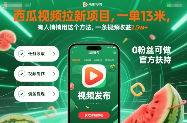 西瓜视频拉新项目，一单13米，有人悄悄用这个方法，一条视频收益2.5w+(附详细教程)-百盛轻创