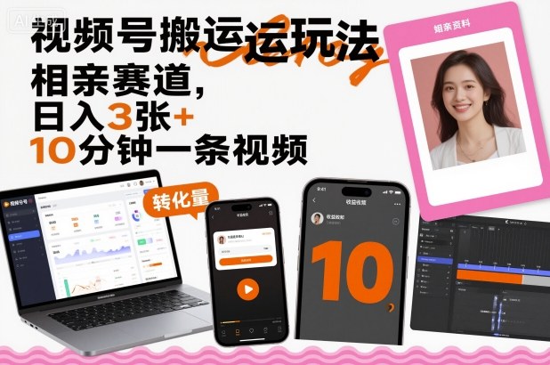 视频号搬运玩法，相亲赛道，日入3张+，10分钟一条视频-百盛轻创