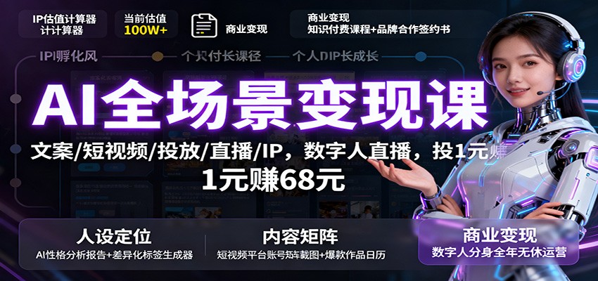 AI全场景变现课：文案/短视频/投放/直播/IP，数字人直播，投1元赚68元-百盛轻创