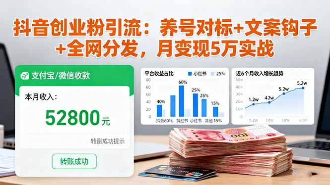 抖音创业粉引流：养号对标+文案钩子+全网分发，月变现5万实战-百盛轻创